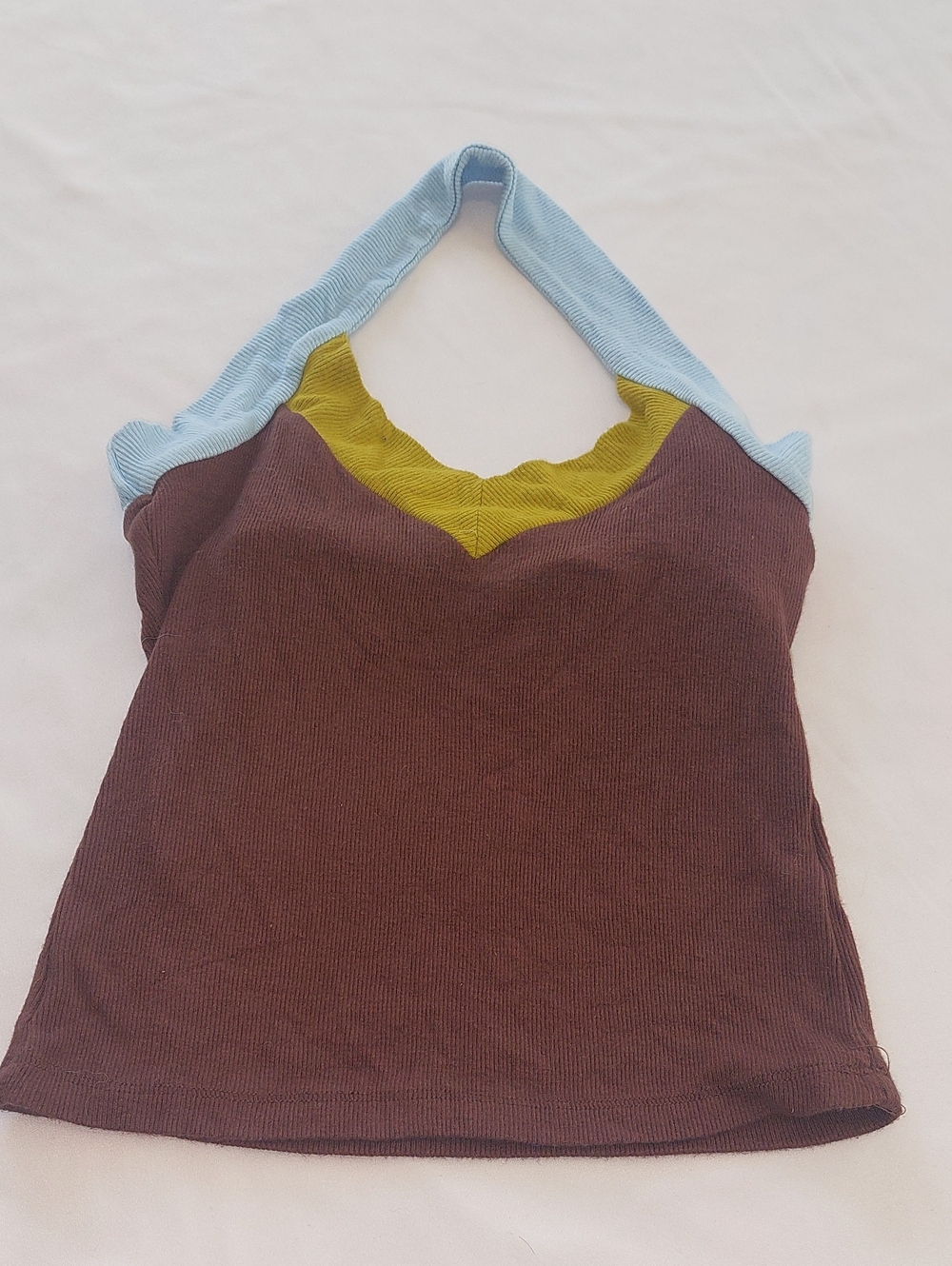 silence + noise Brown Ribbed Halter Tank with Light Blue Strap and Olive Trim